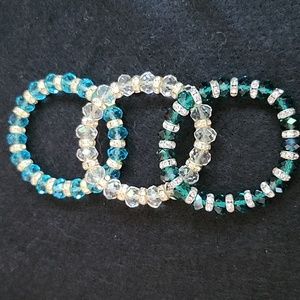 3 faceted glass (clear, emerald green, turquoise)/rhinestone spacer bracelets